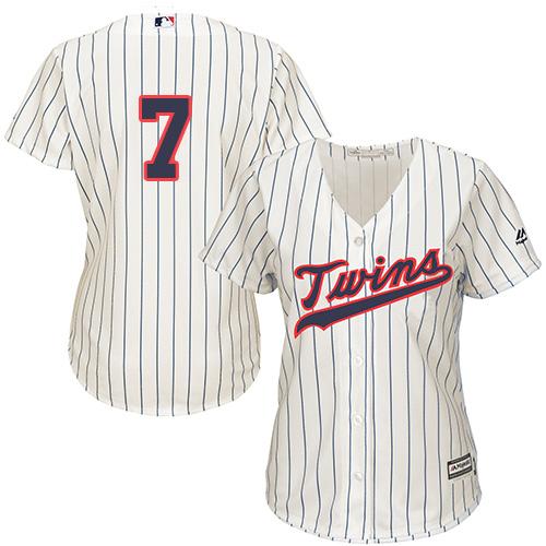 Twins #7 Joe Mauer Cream Strip Alternate Women's Stitched MLB Jersey - Click Image to Close